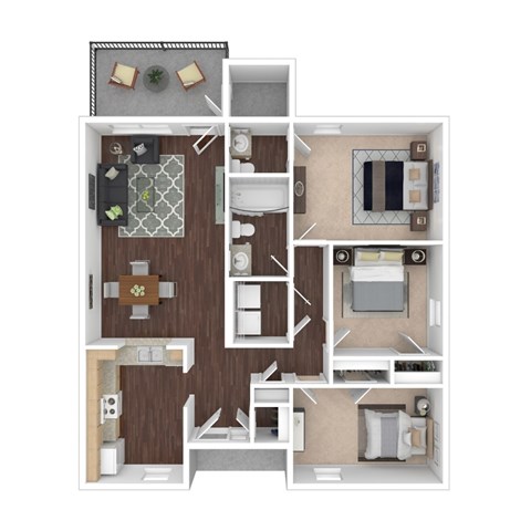 A 3D rendered image of a house layout.